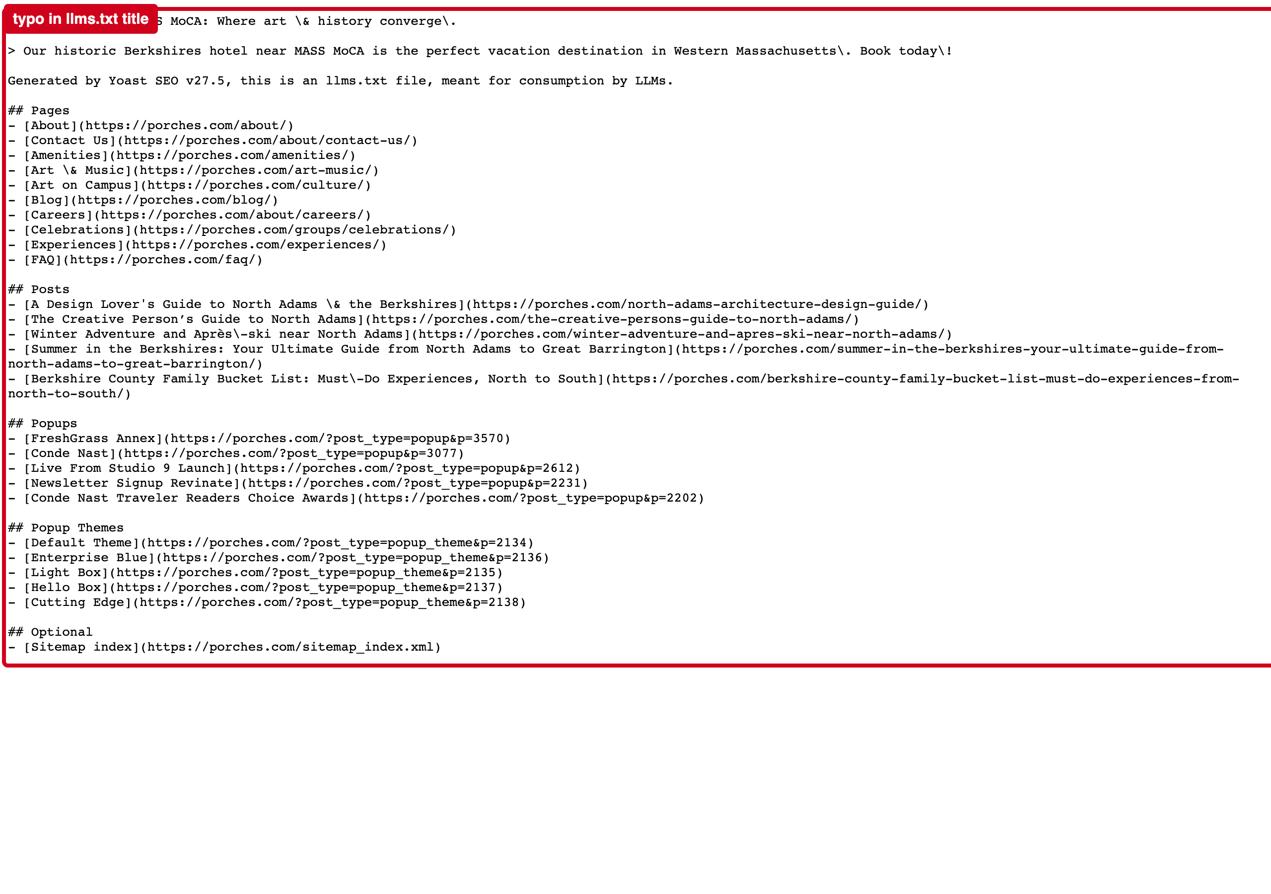 Screenshot: Your llms.txt spells your name "Porches In"